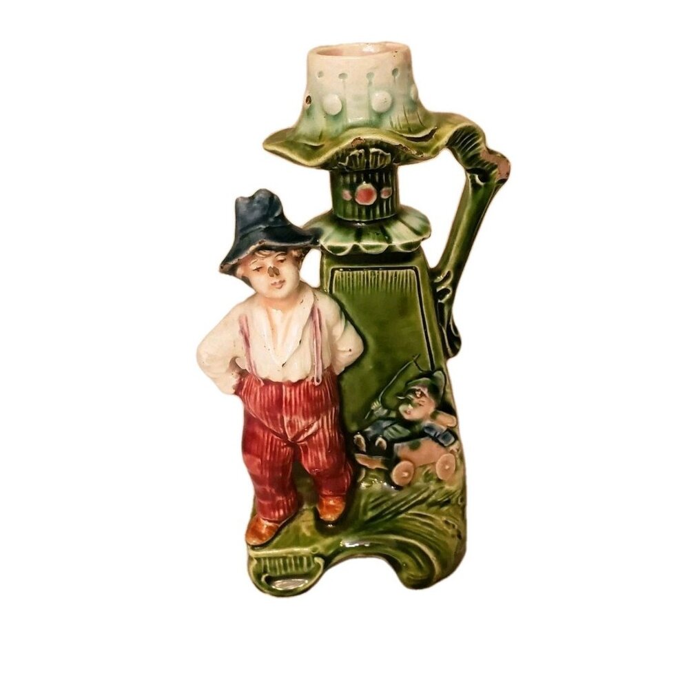 Vintage Old Majolica Candle Holder With Handle Man And Baby In Wagon MCM